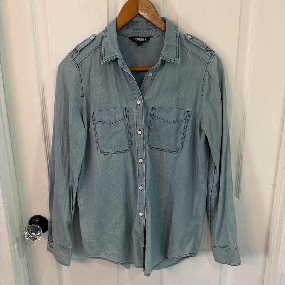 Express Light Blue Denim Casual Button-Down Shirt